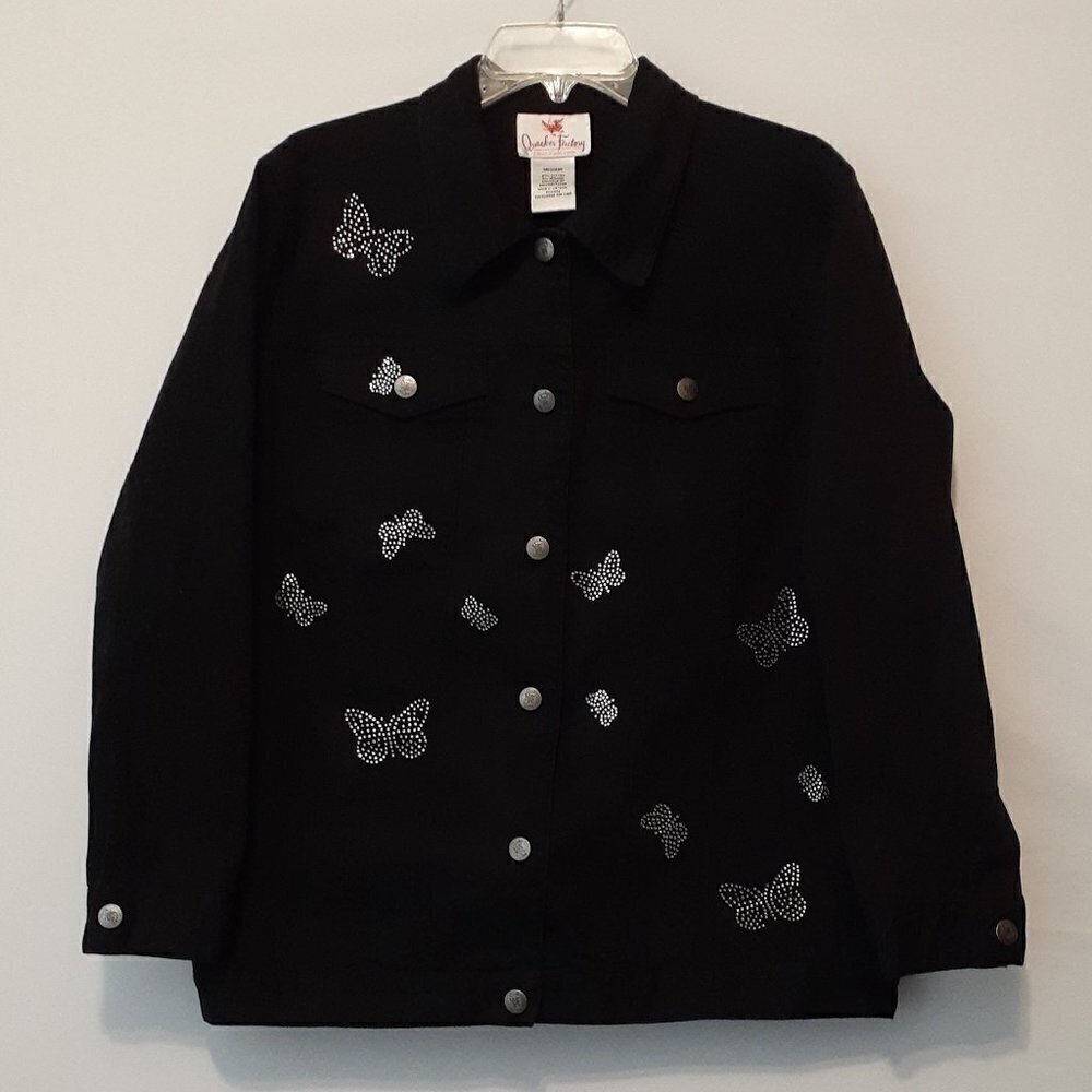 Women's QUACKER FACTORY Black Denim Jean Jacket w Sequin Butterflies; Size M